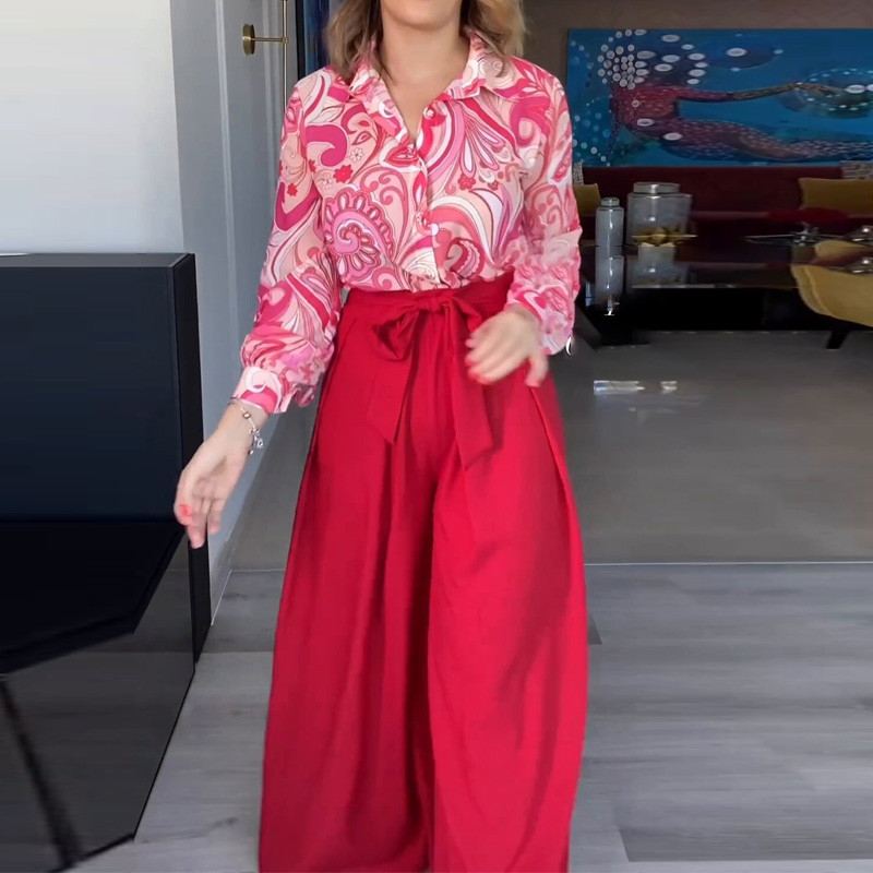 Ženski uredski kompleti za putovanje na posao, 2022., košulja s lanternastim rukavima i džepovima, odijela s ravnim hlačama na rever, modni komplet s printom za proljeće ljeto