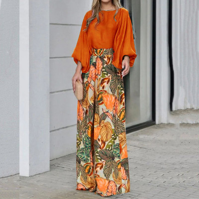 Elegantna labava odjeća za žene Moda za proljeće 2023. Košulje s O-izrezom Topovi i hlače s printom Odijelo Ženski ljetni dvodijelni set dugih rukava