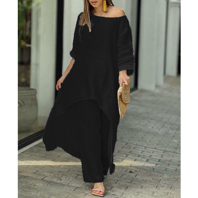 2-dielne súpravy Dámske oblečenie Jar Jeseň Elegantné Nepravidelné Tuniky Topy Nadrozmerné Bavlnené Ľanové Blúzky Rovné Nohavice Dámske Oblečenie