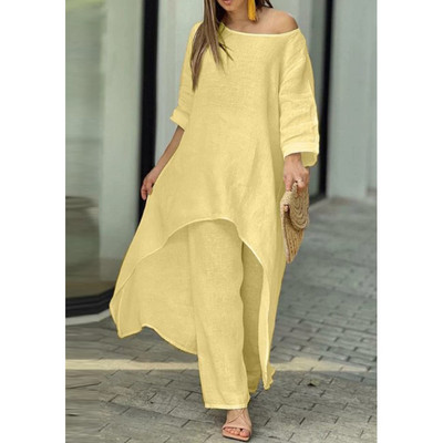 2-dielne súpravy Dámske oblečenie Jar Jeseň Elegantné Nepravidelné Tuniky Topy Nadrozmerné Bavlnené Ľanové Blúzky Rovné Nohavice Dámske Oblečenie