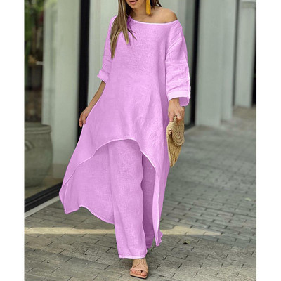 2-dielne súpravy Dámske oblečenie Jar Jeseň Elegantné Nepravidelné Tuniky Topy Nadrozmerné Bavlnené Ľanové Blúzky Rovné Nohavice Dámske Oblečenie