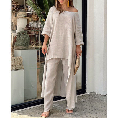 2-dielne súpravy Dámske oblečenie Jar Jeseň Elegantné Nepravidelné Tuniky Topy Nadrozmerné Bavlnené Ľanové Blúzky Rovné Nohavice Dámske Oblečenie