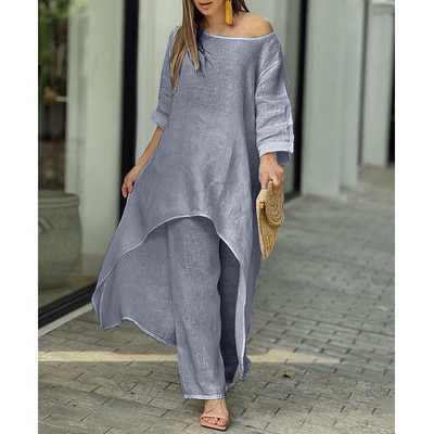 2-dielne súpravy Dámske oblečenie Jar Jeseň Elegantné Nepravidelné Tuniky Topy Nadrozmerné Bavlnené Ľanové Blúzky Rovné Nohavice Dámske Oblečenie