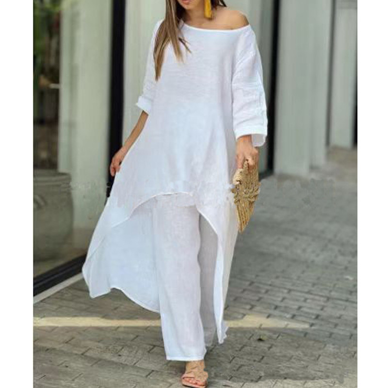 2-dielne súpravy Dámske oblečenie Jar Jeseň Elegantné Nepravidelné Tuniky Topy Nadrozmerné Bavlnené Ľanové Blúzky Rovné Nohavice Dámske Oblečenie