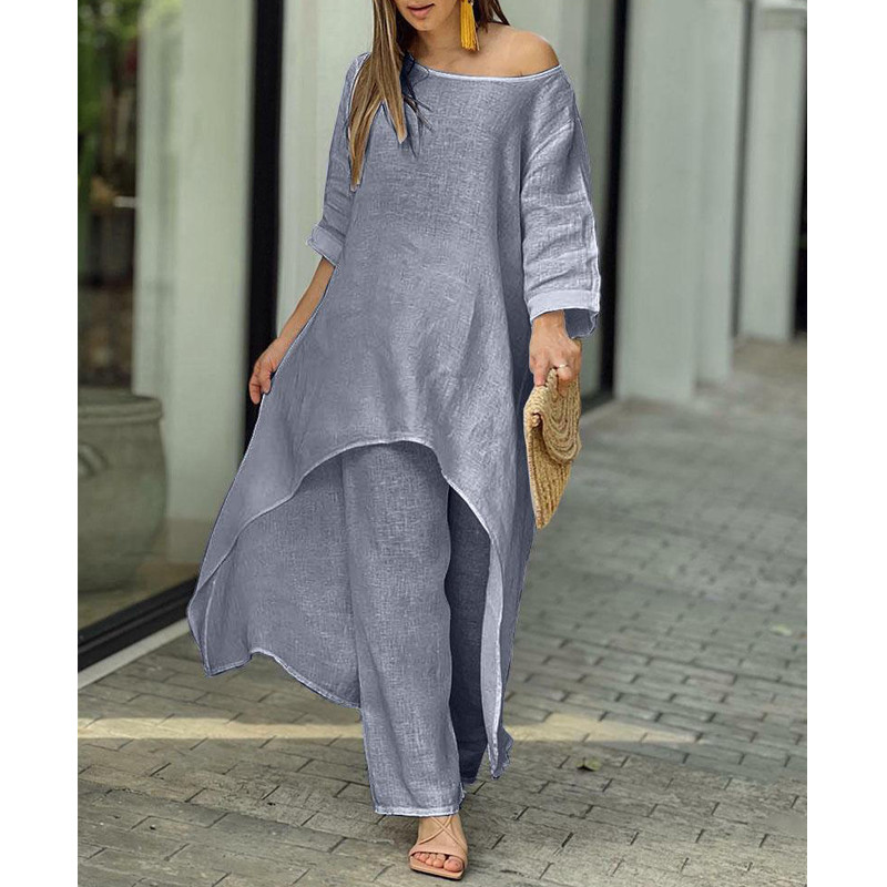 2-dielne súpravy Dámske oblečenie Jar Jeseň Elegantné Nepravidelné Tuniky Topy Nadrozmerné Bavlnené Ľanové Blúzky Rovné Nohavice Dámske Oblečenie