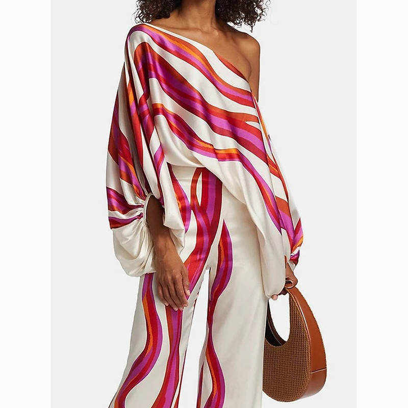 Elegantni temperamentni kompleti hlača s dugim rukavima na jedno rame Uzročni opušteni, drapirani oblozi, uski ženski kompleti s hlačama do poda