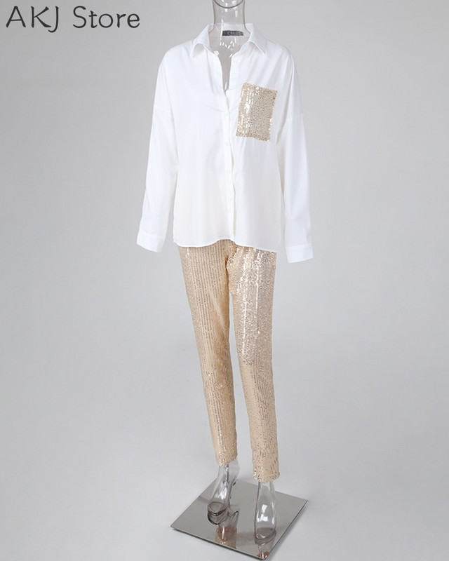 Γυναικείο μακρυμάνικο πουκάμισο με παγιέτες και γυαλιστερό παντελόνι με Glitter