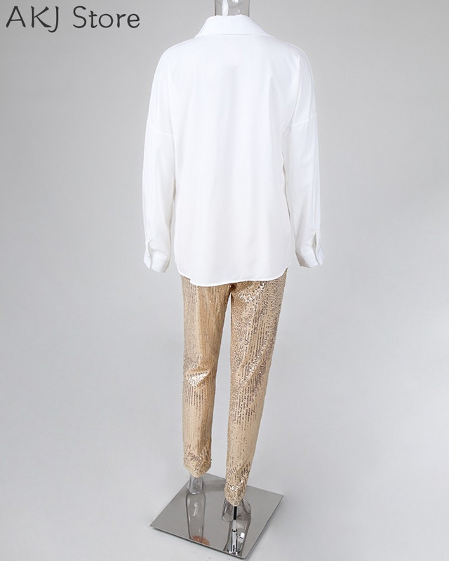 Γυναικείο μακρυμάνικο πουκάμισο με παγιέτες και γυαλιστερό παντελόνι με Glitter