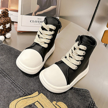 Дизайнерски стил Черно-бели високи маратонки за деца Ежедневни ботуши от изкуствена кожа Момчета Момичета Маркови обувки с широки пръсти и връзки