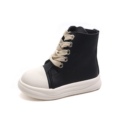 Dizainerio stiliaus juodi balti sportbačiai vaikams su raišteliais storu padu, laisvalaikio dirbtiniai batai berniukams mergaitėms firminiai batai