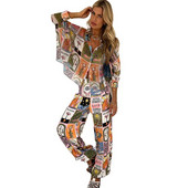 Γυναικεία σετ 2 τεμαχίων με στάμπα φαρδιά κοστούμια, πέτο μανίκι νυχτερίδας, μπλουζάκι πόντσο, φαρδύ παντελόνι, φθινοπωρινό ντύσιμο, χειμώνας, νέο, 2023