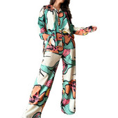 Naiste nööpidega avar särk, sirge jalaga pükste ülikond, pikkade varrukatega pluus, püksid, kaheosaline komplekt, kodurõivad, sisetükid, sügis