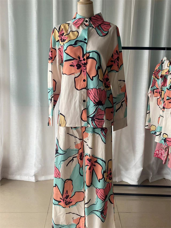 Naiste nööpidega avar särk, sirge jalaga pükste ülikond, pikkade varrukatega pluus, püksid, kaheosaline komplekt, kodurõivad, sisetükid, sügis