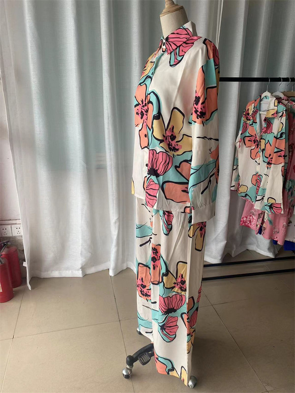 Naiste nööpidega avar särk, sirge jalaga pükste ülikond, pikkade varrukatega pluus, püksid, kaheosaline komplekt, kodurõivad, sisetükid, sügis