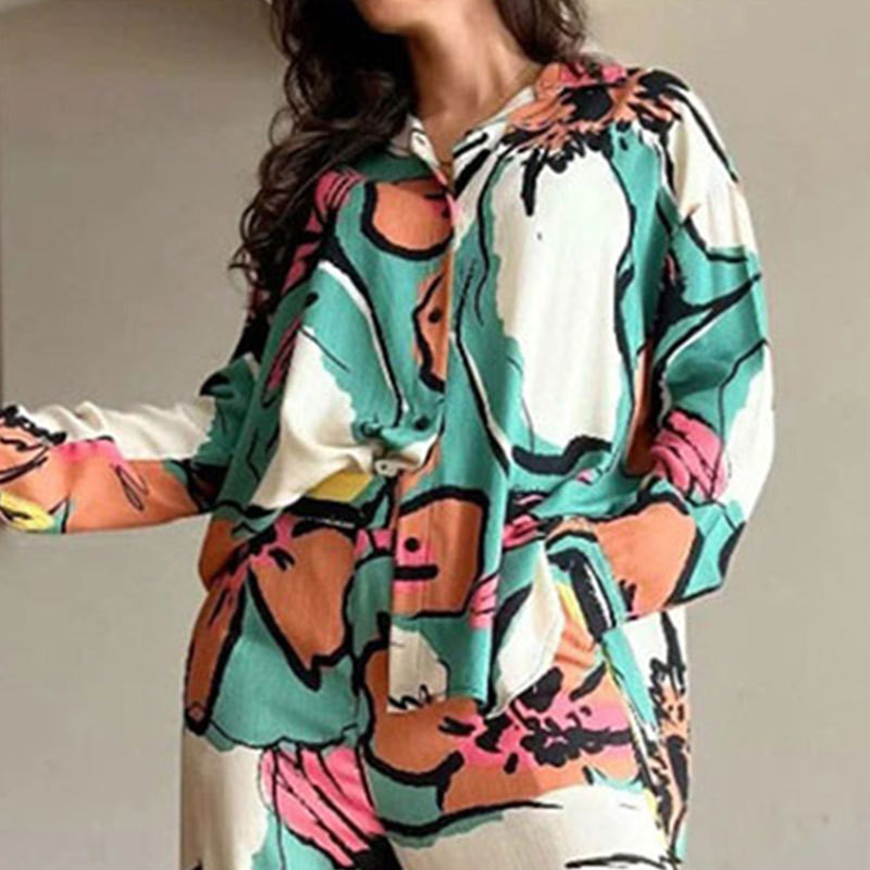 Naiste nööpidega avar särk, sirge jalaga pükste ülikond, pikkade varrukatega pluus, püksid, kaheosaline komplekt, kodurõivad, sisetükid, sügis