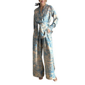 Dámska košeľa s dlhým rukávom a šnurovaním s francúzskou potlačou, nohavice so širokými nohavicami, blúzka s dlhým rukávom, nohavice, 2-dielna súprava, domáce oblečenie, jeseň, nové