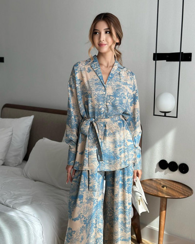 Dámska košeľa s dlhým rukávom a šnurovaním s francúzskou potlačou, nohavice so širokými nohavicami, blúzka s dlhým rukávom, nohavice, 2-dielna súprava, domáce oblečenie, jeseň, nové