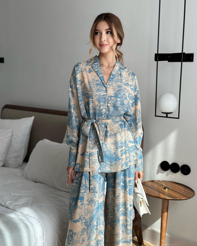 Dámska košeľa s dlhým rukávom a šnurovaním s francúzskou potlačou, nohavice so širokými nohavicami, blúzka s dlhým rukávom, nohavice, 2-dielna súprava, domáce oblečenie, jeseň, nové