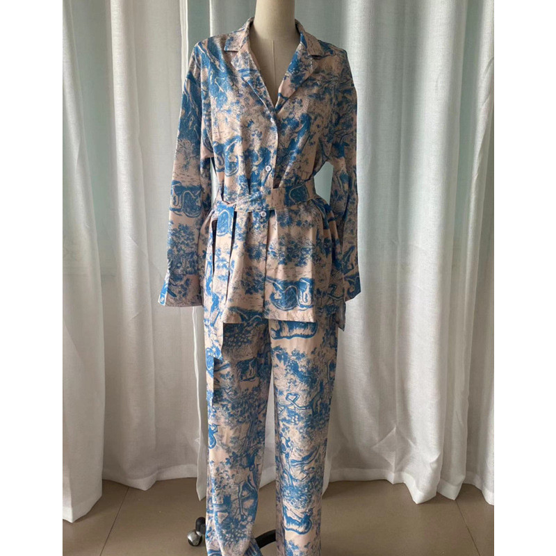 Dámska košeľa s dlhým rukávom a šnurovaním s francúzskou potlačou, nohavice so širokými nohavicami, blúzka s dlhým rukávom, nohavice, 2-dielna súprava, domáce oblečenie, jeseň, nové