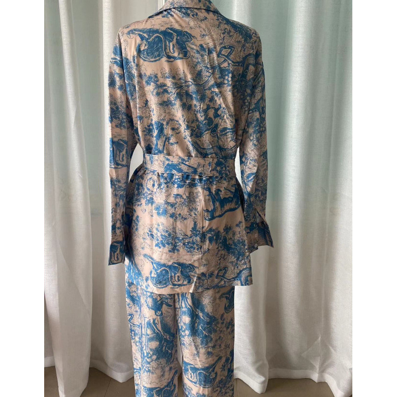 Dámska košeľa s dlhým rukávom a šnurovaním s francúzskou potlačou, nohavice so širokými nohavicami, blúzka s dlhým rukávom, nohavice, 2-dielna súprava, domáce oblečenie, jeseň, nové