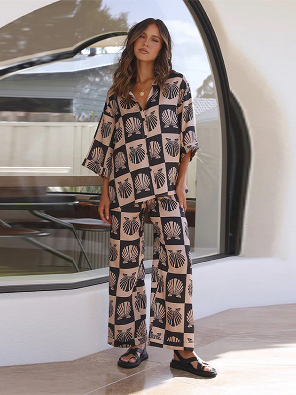 Casual γεωμετρικό πουκάμισο με μισό μανίκι Γυναικείο Σετ Άνοιξη Καλοκαίρι Ψηλόμεσο Φαρδύ Παντελόνι Φαρδύ Κοστούμι Άνετα Κομψά Σετ γιακά