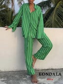 KONDALA Vintage πράσινο ριγέ γυναικεία κοστούμια μακρυμάνικα υπερμεγέθη πουκάμισα + ψηλόμεσο παντελόνι με φαρδύ πόδι Fashion 2023 καλοκαιρινό σετ διακοπών