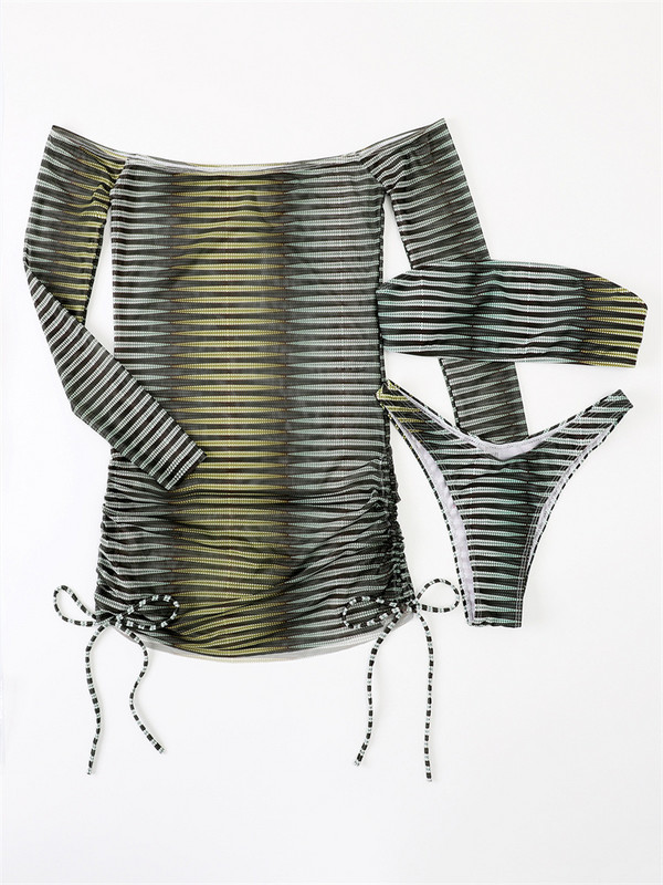 Μπικίνι Μαγιό Γυναικείο Μαγιό 2023 Νέο Three Pieces ριγέ μακρυμάνικο Cover Up Σετ μπικίνι Halter Μαγιό Μπικίνι παραλίας