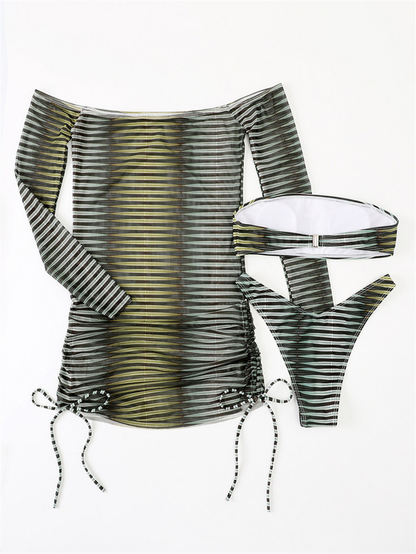 Μπικίνι Μαγιό Γυναικείο Μαγιό 2023 Νέο Three Pieces ριγέ μακρυμάνικο Cover Up Σετ μπικίνι Halter Μαγιό Μπικίνι παραλίας