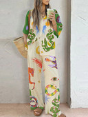 Βαμβακερό λινό κινουμένων σχεδίων Animal print πουκάμισο Παντελόνι casual γυναικεία στολή με μονό στήθος Γυναικείο σετ παντελόνι με φαρδύ πόδι ελαστική μέση