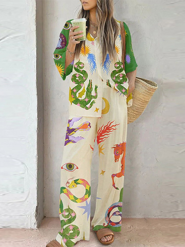 Βαμβακερό λινό κινουμένων σχεδίων Animal print πουκάμισο Παντελόνι casual γυναικεία στολή με μονό στήθος Γυναικείο σετ παντελόνι με φαρδύ πόδι ελαστική μέση