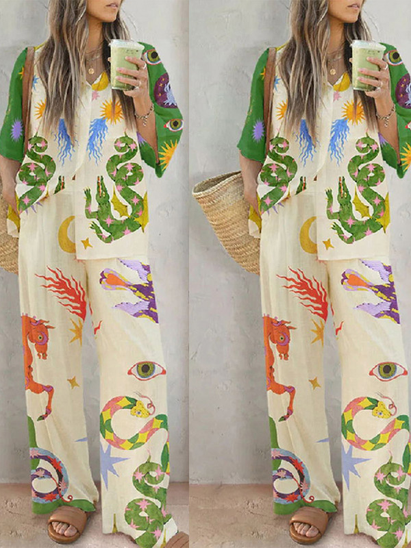 Βαμβακερό λινό κινουμένων σχεδίων Animal print πουκάμισο Παντελόνι casual γυναικεία στολή με μονό στήθος Γυναικείο σετ παντελόνι με φαρδύ πόδι ελαστική μέση