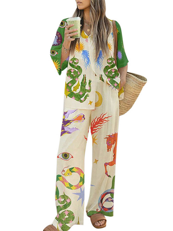 Βαμβακερό λινό κινουμένων σχεδίων Animal print πουκάμισο Παντελόνι casual γυναικεία στολή με μονό στήθος Γυναικείο σετ παντελόνι με φαρδύ πόδι ελαστική μέση