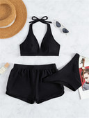 Costum de baie pentru femei 2023 Bikini nou, negru, solid, Set de bikini în trei piese Costum de baie Push Up Costum de baie Pantaloni scurți pentru femei Imbracaminte de plajă de vară