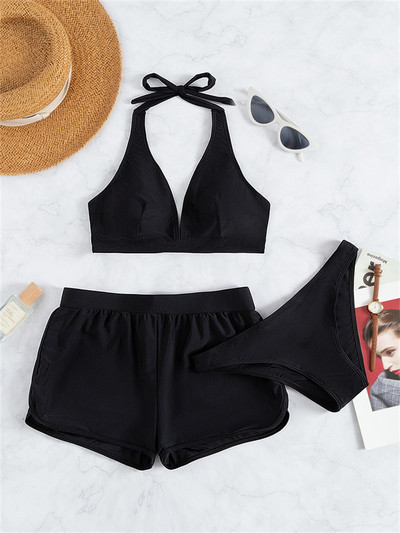 Costum de baie pentru femei 2023 Bikini nou, negru, solid, Set de bikini în trei piese Costum de baie Push Up Costum de baie Pantaloni scurți pentru femei Imbracaminte de plajă de vară