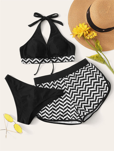 Costum de baie pentru femei 2023 Bikini nou, negru, solid, Set de bikini în trei piese Costum de baie Push Up Costum de baie Pantaloni scurți pentru femei Imbracaminte de plajă de vară