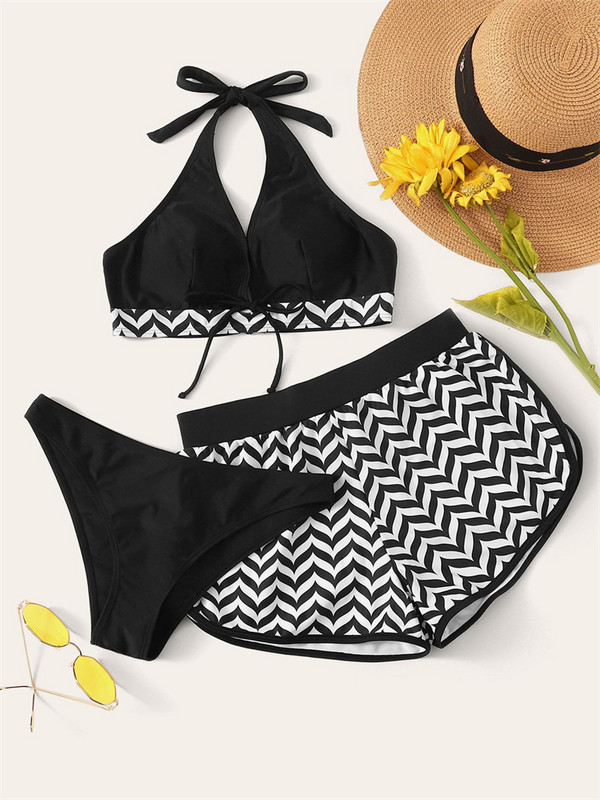 Costum de baie pentru femei 2023 Bikini nou, negru, solid, Set de bikini în trei piese Costum de baie Push Up Costum de baie Pantaloni scurți pentru femei Imbracaminte de plajă de vară