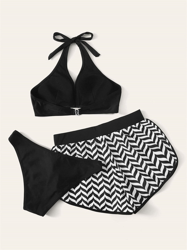 Costum de baie pentru femei 2023 Bikini nou, negru, solid, Set de bikini în trei piese Costum de baie Push Up Costum de baie Pantaloni scurți pentru femei Imbracaminte de plajă de vară