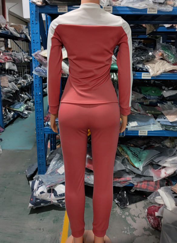 Jesenný set z dvoch dielov, dámske outfity OTTD, farebne blokovaný top s dlhým rukávom, okrúhlym výstrihom a športové úzke nohavice so sťahovacou šnúrkou