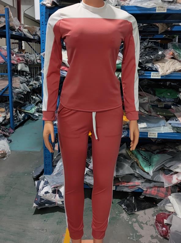 Jesenný set z dvoch dielov, dámske outfity OTTD, farebne blokovaný top s dlhým rukávom, okrúhlym výstrihom a športové úzke nohavice so sťahovacou šnúrkou