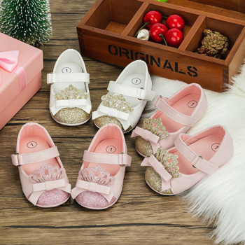 Бебешки обувки за момиче Crown Bling Baby Pink Princess Shoes Противохлъзгаща се плоска гумена подметка Новородени Първи проходилки Обувки за момичета за малки деца