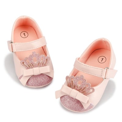 Pantofi pentru fetiță Crown Bling Baby Pink Pantofi de prințesă Anti-alunecare Talpă plată din cauciuc Nou-născuți Primii plimbări Pantofi pentru fetiță pentru copii mici