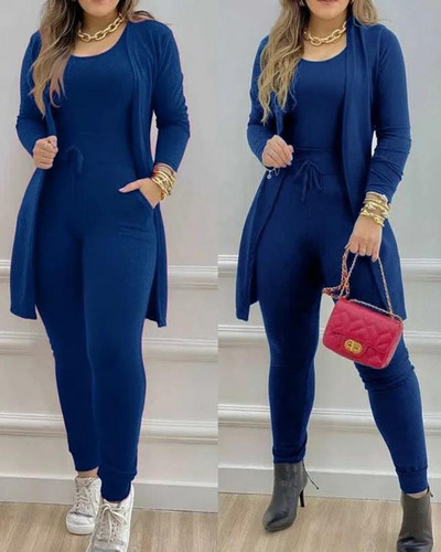 Κομψό σετ δύο τεμαχίων Commuting Γυναικεία στολή 23 Φθινόπωρο Νέα Μόδα Casual μασίφ αμάνικη φόρμα και παλτό Longline σχέδιο με τσέπη