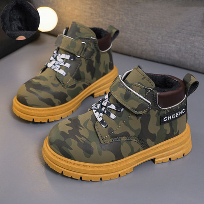 Cizme de camuflaj de toamnă și iarnă pentru băieți adolescenți Pantofi pentru copii Cizme scurte de pluș calde de mărime medie Cizme Martin rezistente la uzură