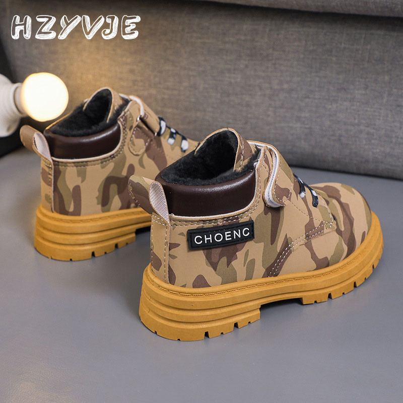 Cizme de camuflaj de toamnă și iarnă pentru băieți adolescenți Pantofi pentru copii Cizme scurte de pluș calde de mărime medie Cizme Martin rezistente la uzură