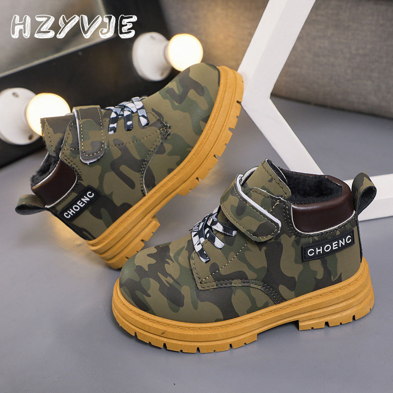 Cizme de camuflaj de toamnă și iarnă pentru băieți adolescenți Pantofi pentru copii Cizme scurte de pluș calde de mărime medie Cizme Martin rezistente la uzură