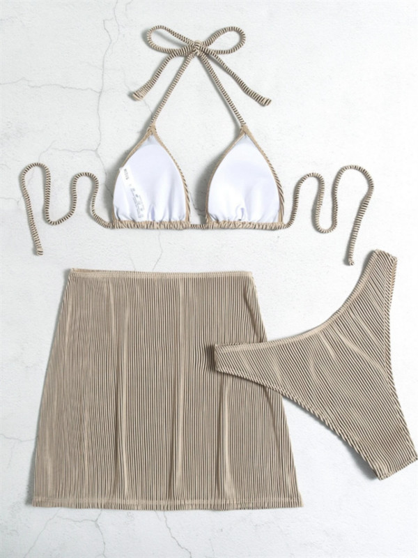 Μαγιό Γυναικεία Μαγιό Μπικίνι Three Pieces 2023 Νέος ριγέ επίδεσμος ψηλόμεση κάλυψη σετ μπικίνι με φούστες Μαγιό