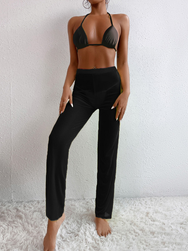 Háromrészes bikini fürdőruha, női fürdőruha, 2023, új tömör fekete bikini szett strand hosszú nadrággal, női fürdőruhával, nyár