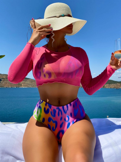 Bikini kupaći kostim Ženski kupaći kostim 2023. Novi trodijelni komplet dugih rukava za prekrivanje bikinija, kupaći kostim visokog struka Biquini odjeća za plažu