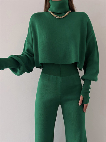 Tossy Turtleneck Two Piece Outfits για Γυναικείες Φανάρι μανίκι Cropped Top και Σετ παντελονιών ίσιο πόδι Φόρμες casual outfits