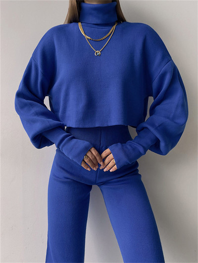 Tossy Turtleneck Two Piece Outfits για Γυναικείες Φανάρι μανίκι Cropped Top και Σετ παντελονιών ίσιο πόδι Φόρμες casual outfits